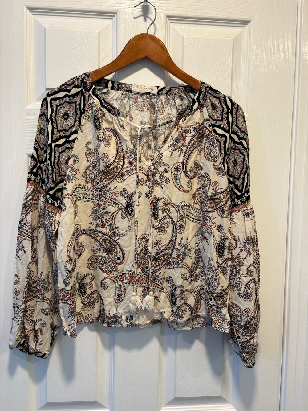 Kingston Cream Paisley Tie-Neck Boho Blouse with Black Accents